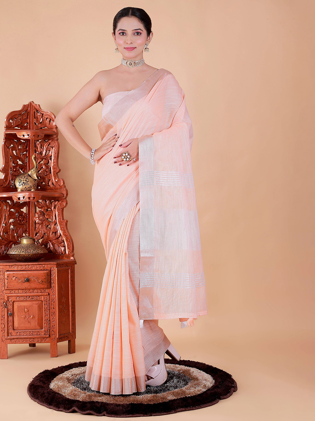 NEGRONI Pure Linen Solid Saree With Zari Border
