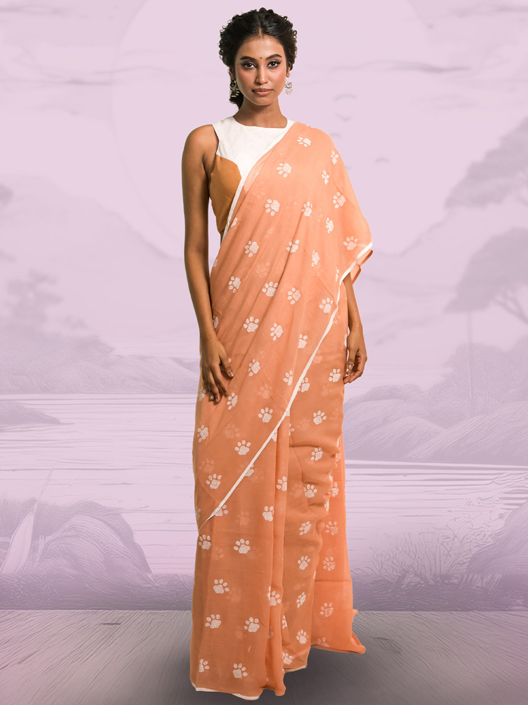 HUTS AND LOOMS Paw-Radise Paw Motifs Block Printed Mul Cotton Saree