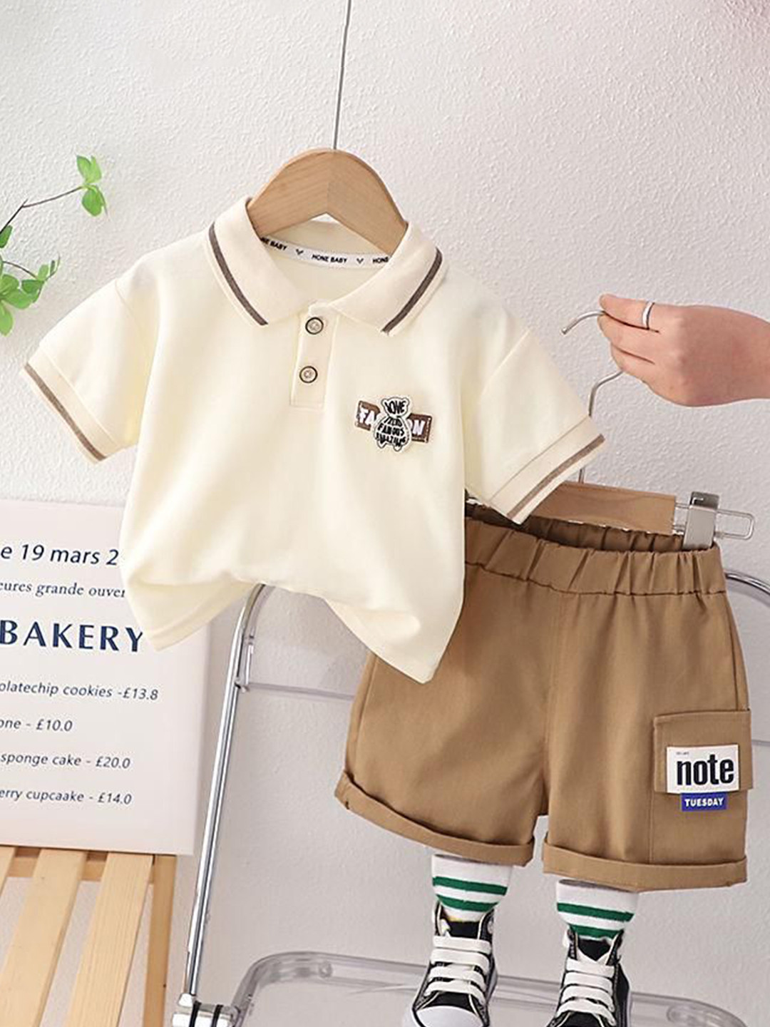 POP STREET KIDS Boys Self Design Shirt Collar Short Sleeves T-shirt With Shorts