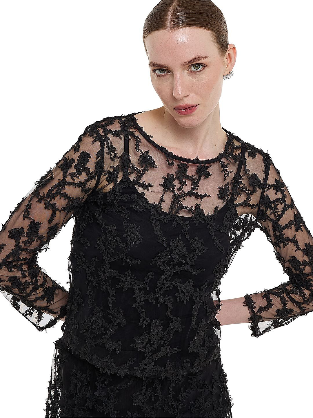BCBG Floral Embroidered Round Neck Net Three-Quarter Sleeves Top