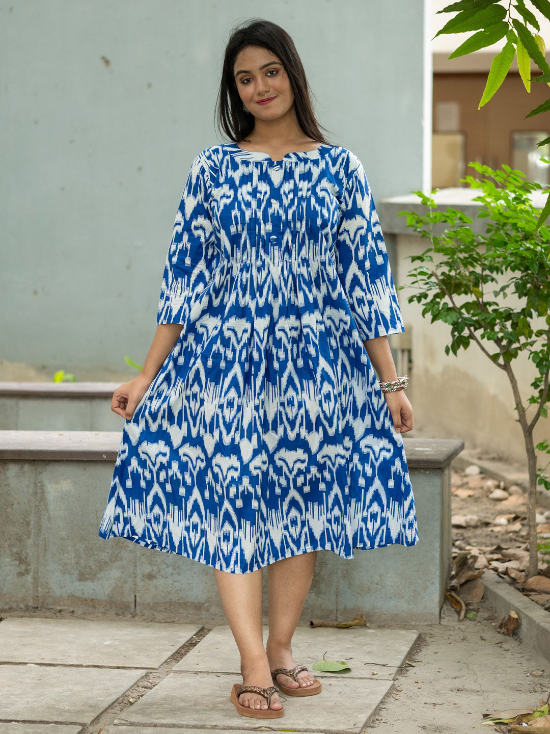Uttariya Women Ikat Print Fit and Flare Midi Cotton Dress