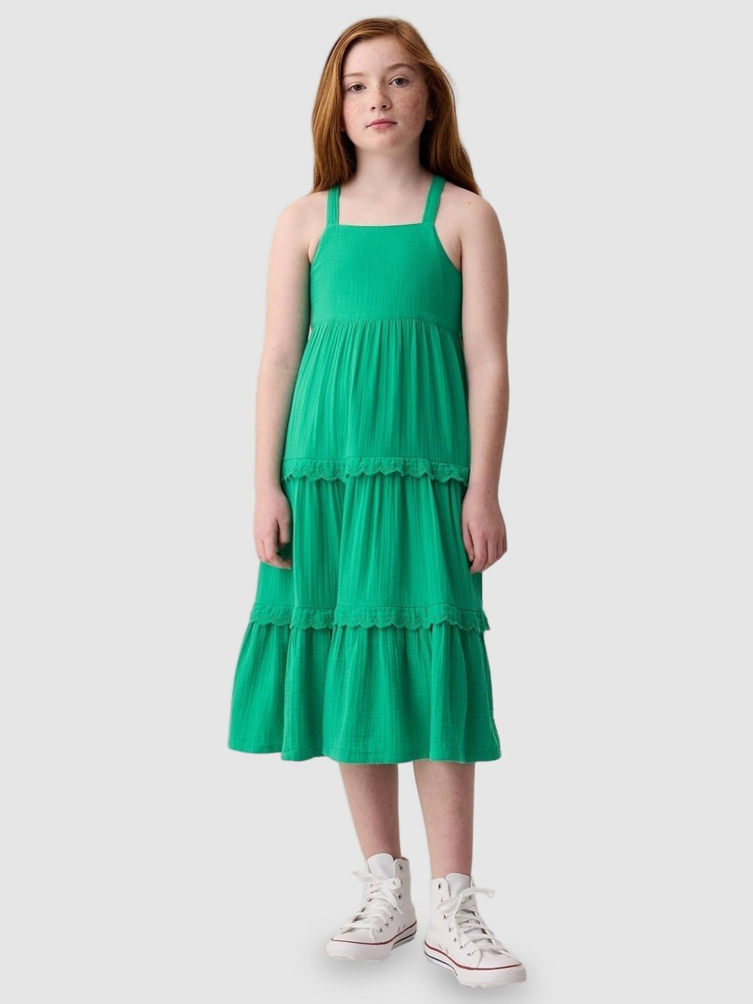 GAP Girls Self Design Cross Back Tiered Midi A-Line Pure Cotton Dress