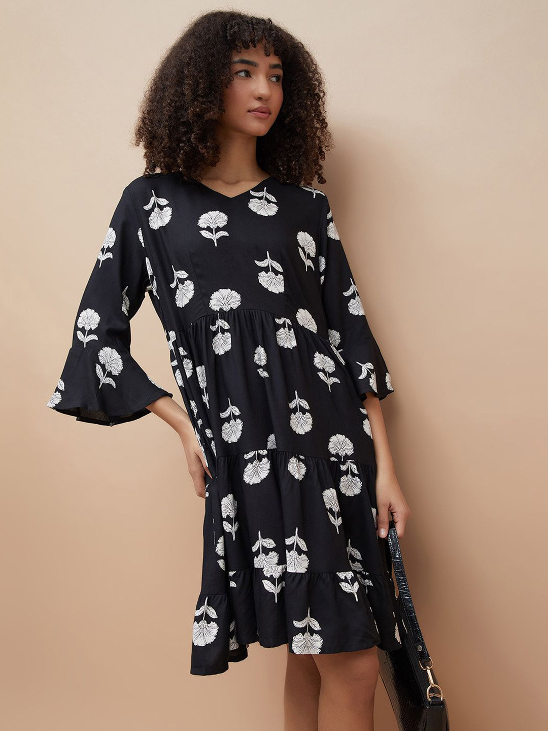 Colour Me by Melange Floral Print Bell Sleeve Fit And Flare Dress