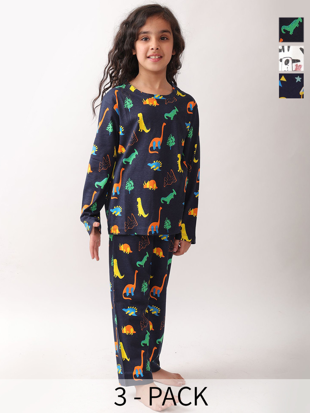 Anthrilo Girls Pack Of 3 Carnival Circus Panda And Dinosaur Fun Long Sleeve Pyjama Set