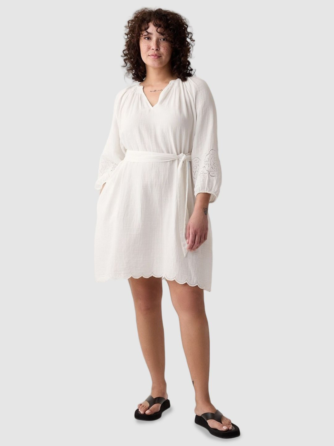 GAP  Peasant Sleeve V-Neck Cut Work Detail Pure Cotton A-Line Dress