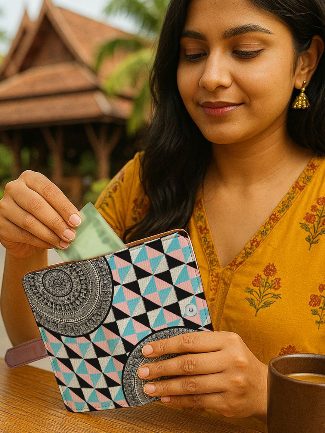 Kalankit Women Bi-Fold Wallet Compact Travel Purse Gift for Girls Checkered Chevron