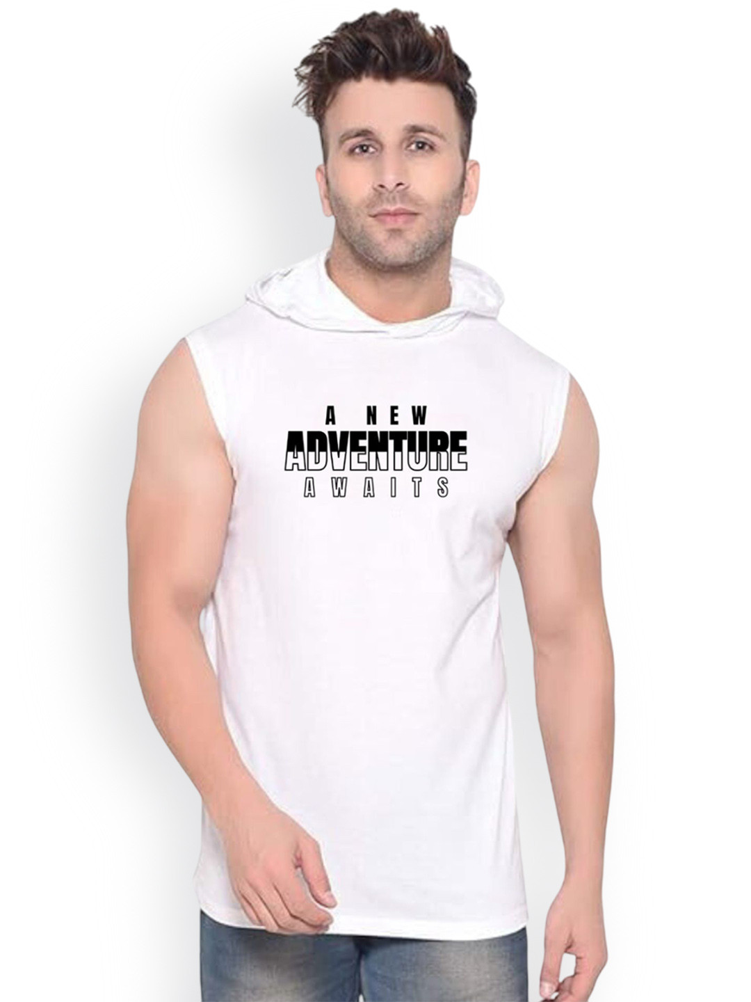 FABSTIEVE Men Typography Printed Cotton Hooded Basic Gym-Vest