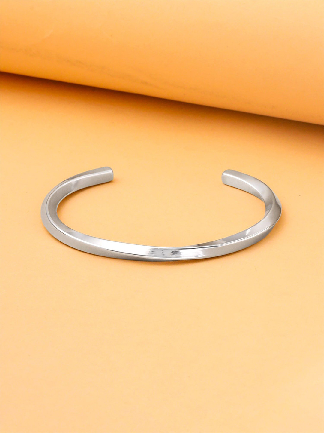 Yellow Chimes Men Rhodium Plated Twisted Stainless Steel Open Kada Bracelet