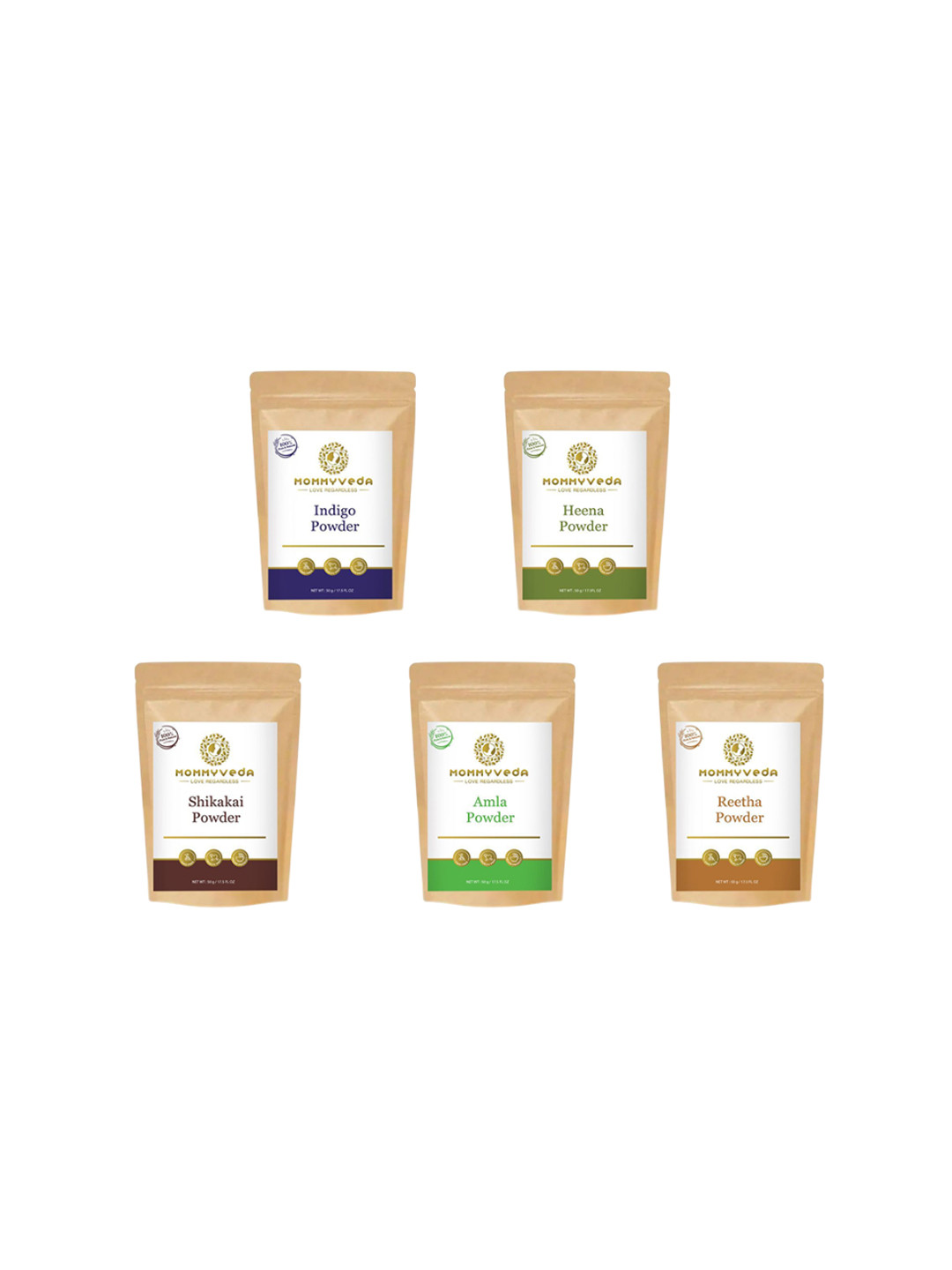 Mommyveda Set Of 5 Indigo, Henna, Shikakai, Amla & Reetha Powder Hair Mask - 50 g Each