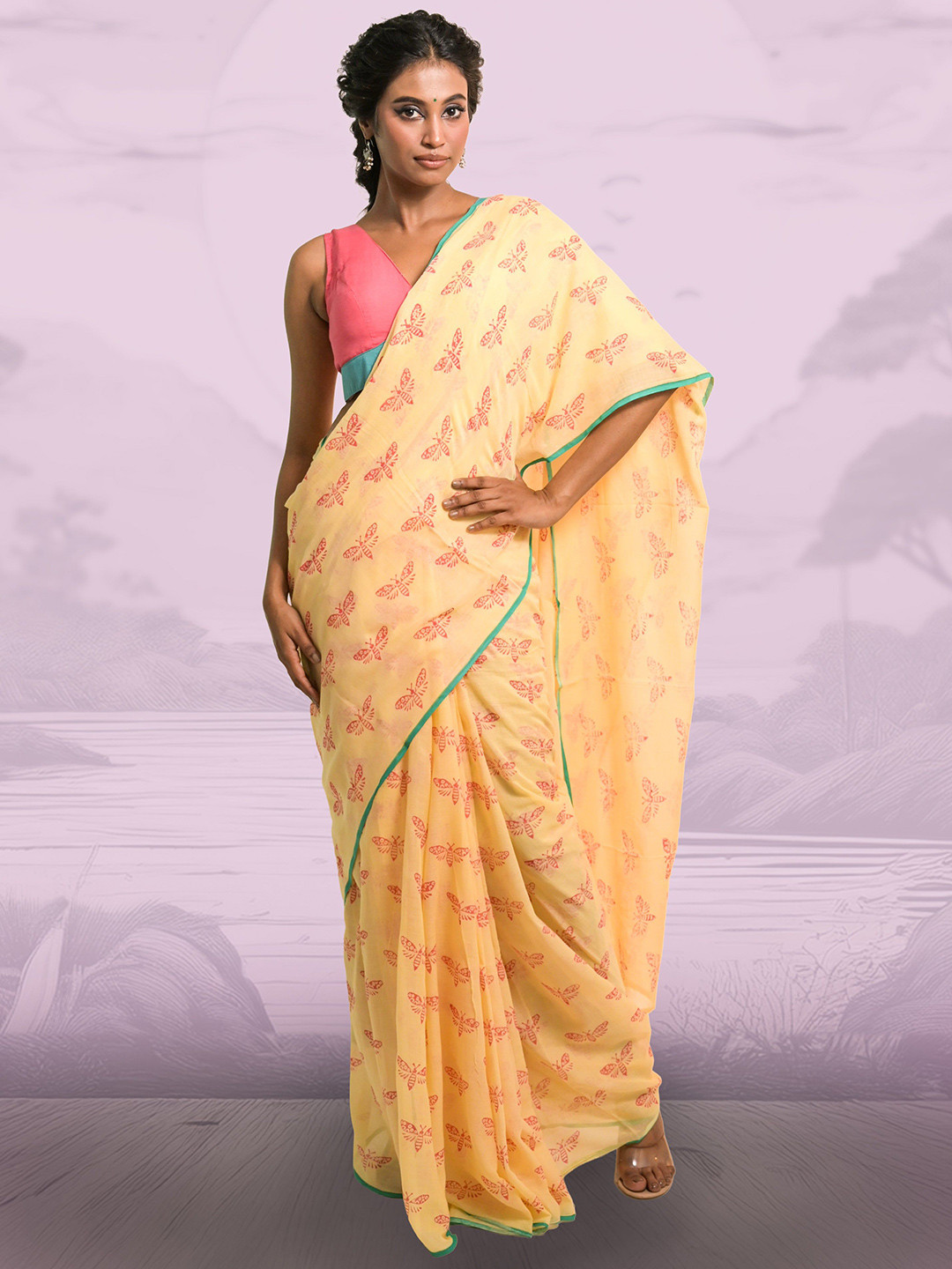 HUTS AND LOOMS Flutterfly Soft Yellow Butterfly Motifs Handblock Printed Mul Cotton Saree