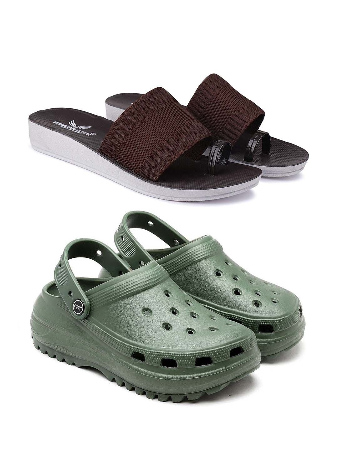 BERSACHE Women One Toe Flats and Crocs (Pack of 2)