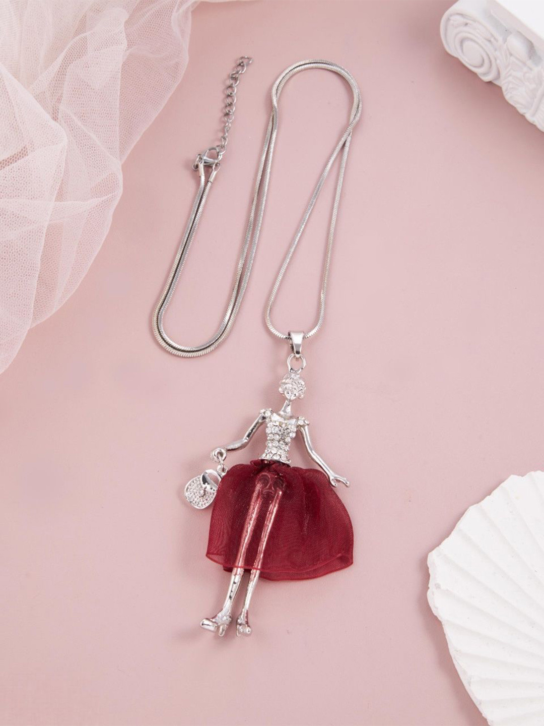 GC PREMIUM JEWELLERY Stainless Steel Doll In Red Dress Stone-Studded Pendant With Chain