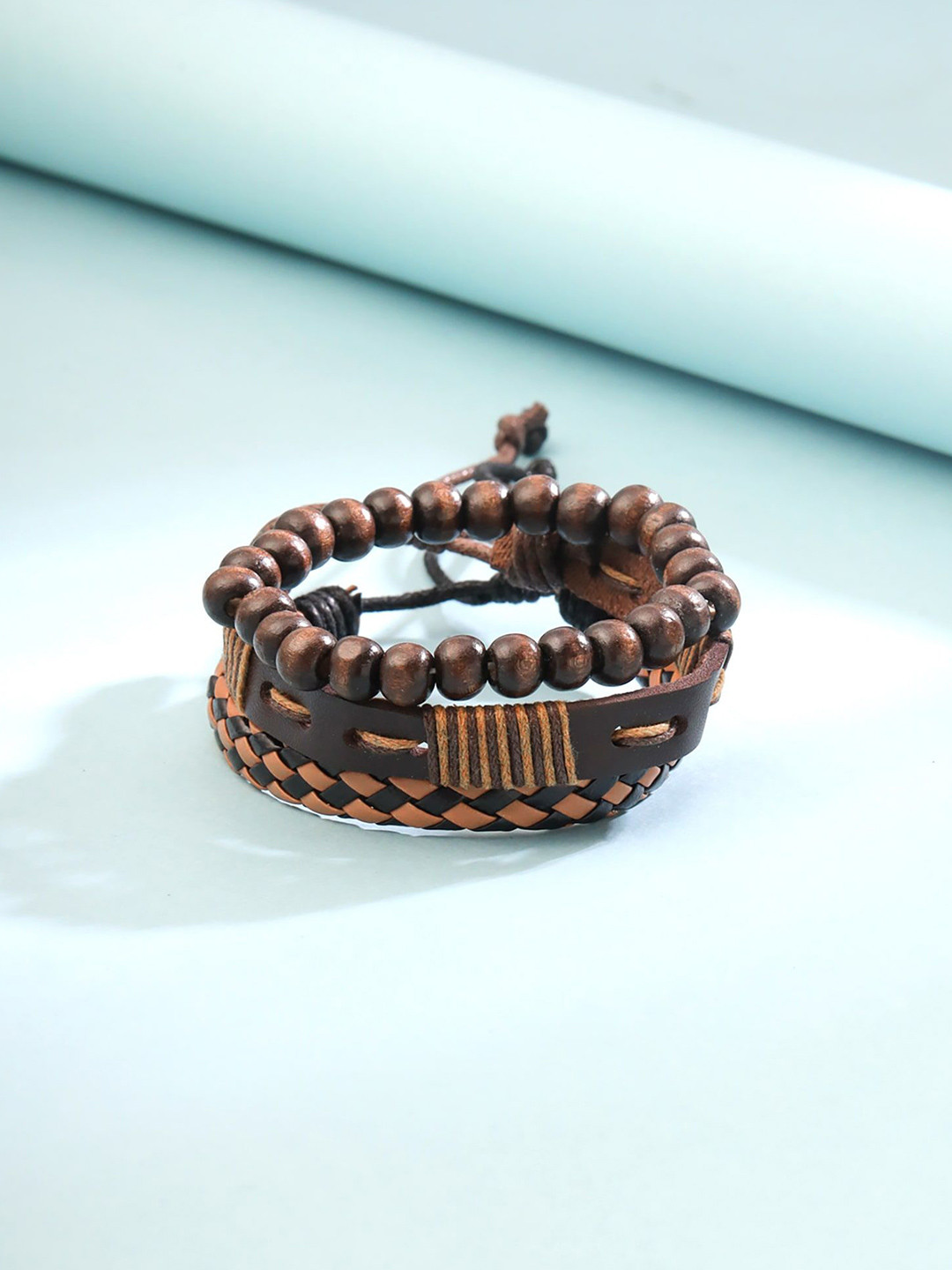 Yellow Chimes Men Set Of 3 Artificial Beads Leather Wraparound Bracelets