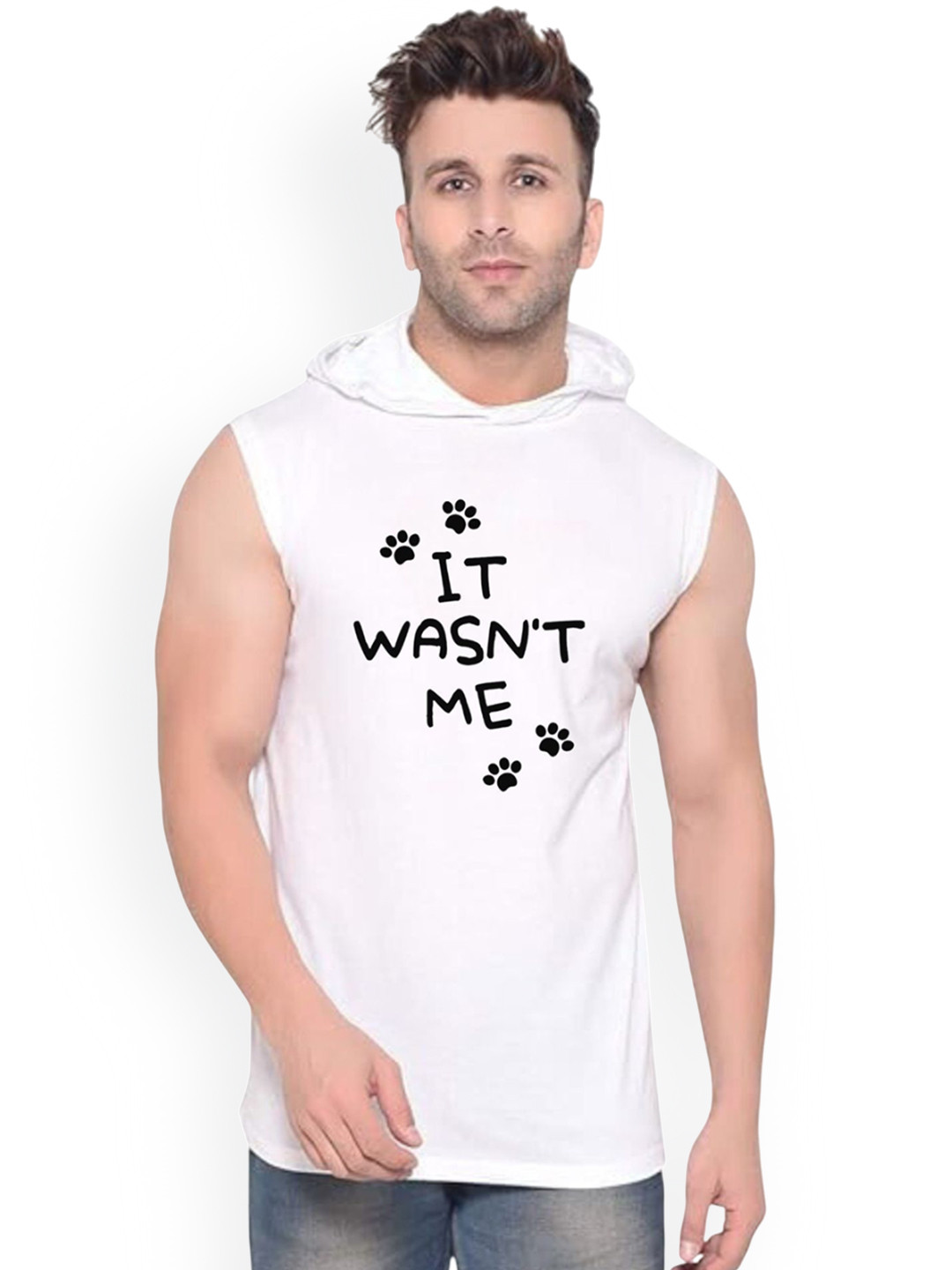 FABSTIEVE It Was Not Me Printed Hooded Cotton Gym Vest