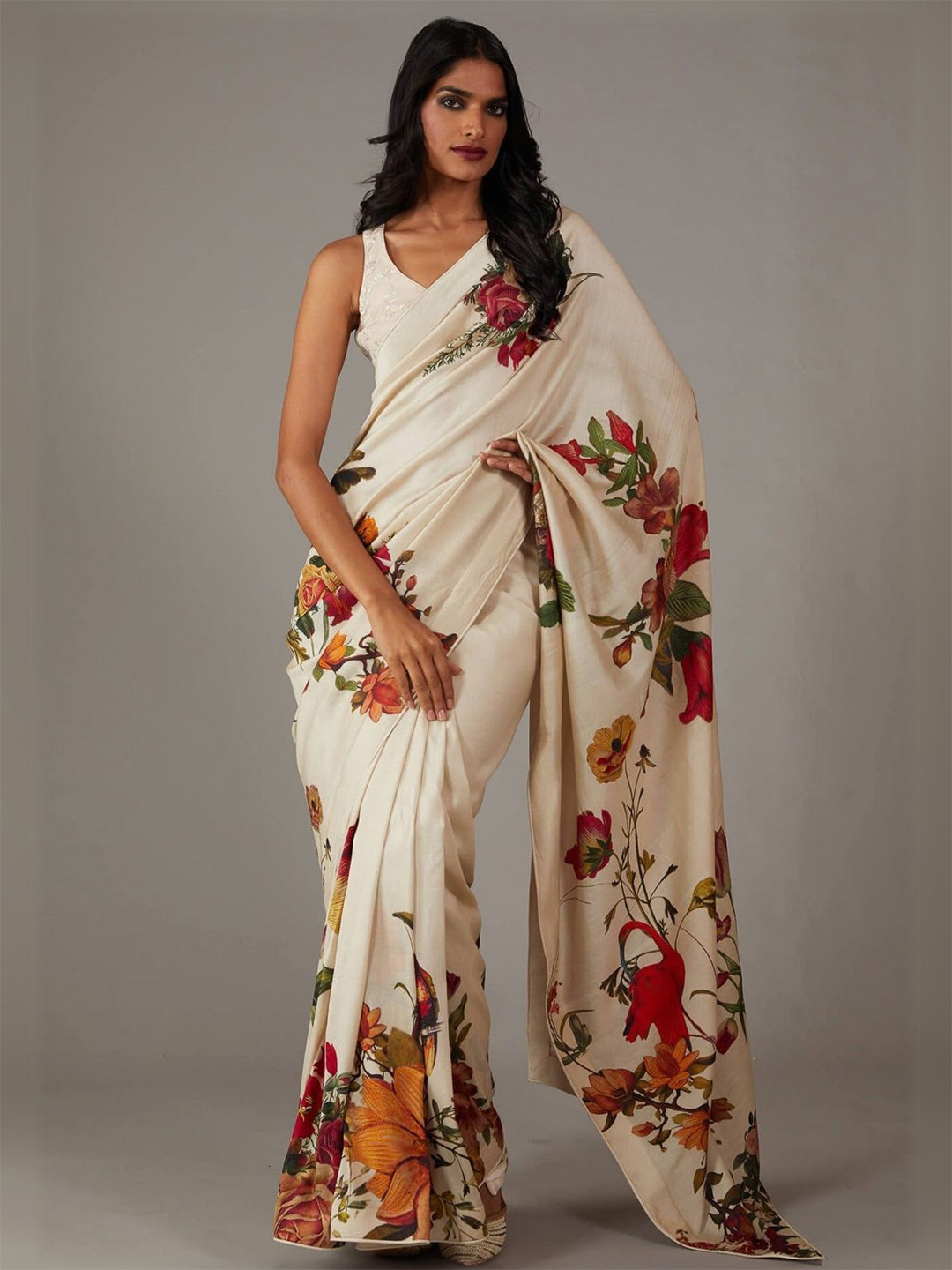 ODETTE Off White Georgette Floral Printed Saree With Unstitched Blouse For Women