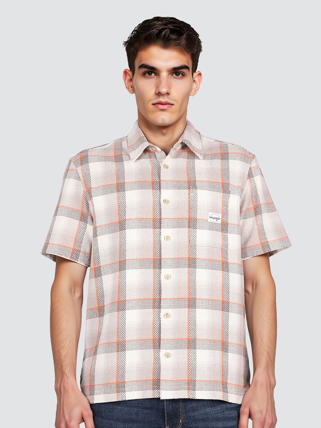 Wrangler Outdoor Relaxed Checked Spread Collar Relaxed Fit Pure Cotton Shirt