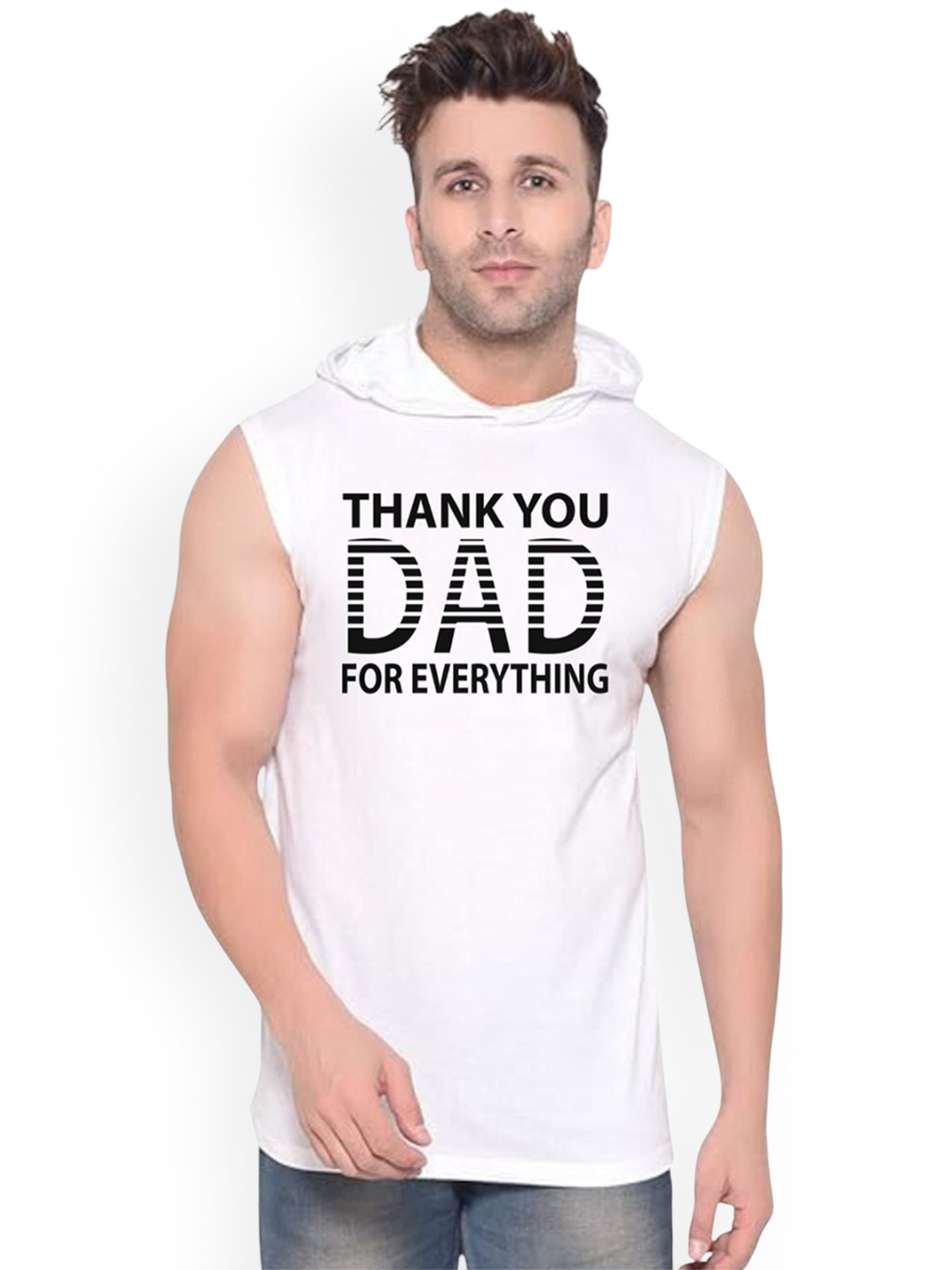 FABSTIEVE Thank You Dad Printed Hooded Sleeveless Cotton Gym Vest