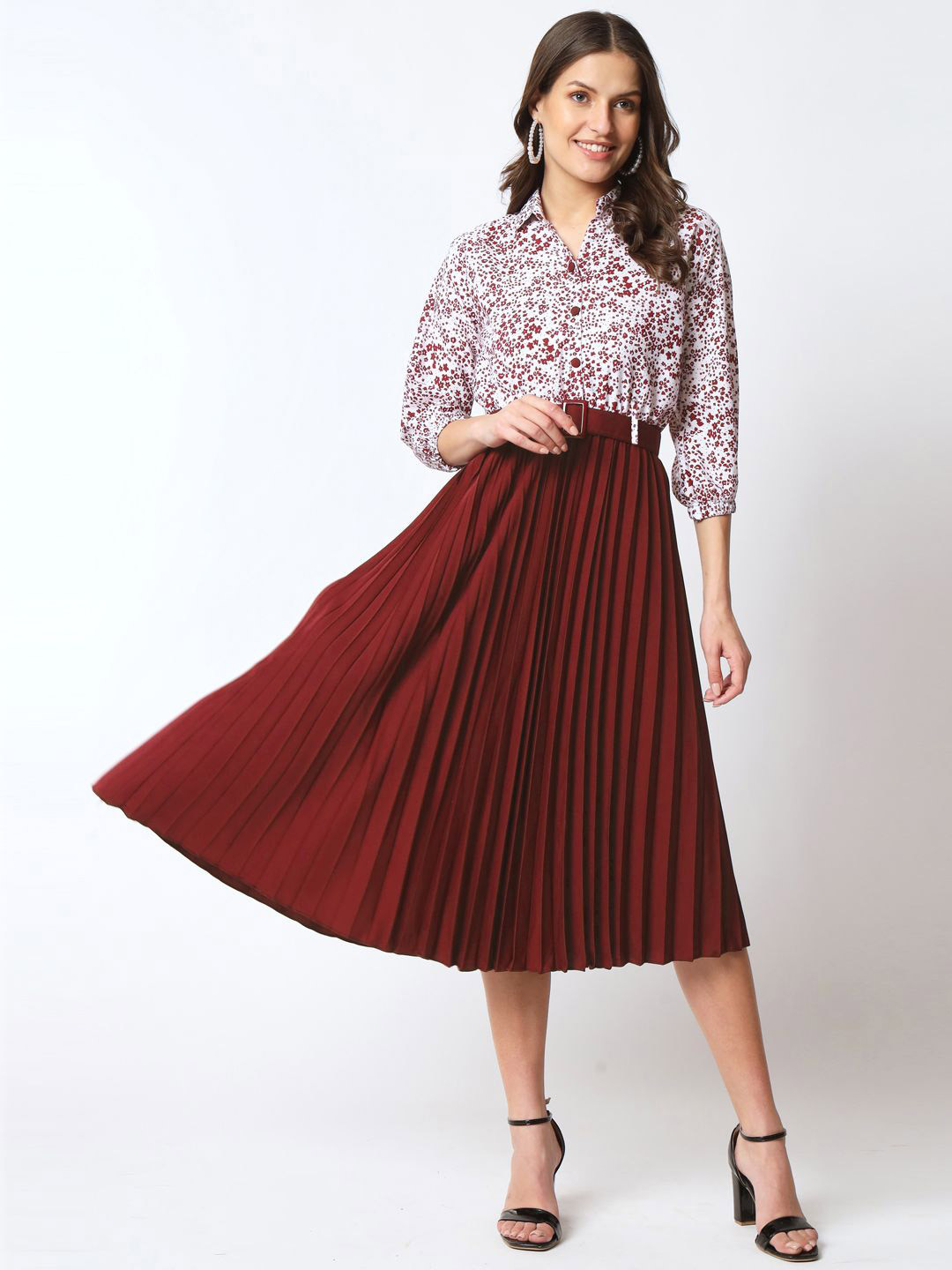 LookShine Floral Printed Shirt Collar A-Line Dress