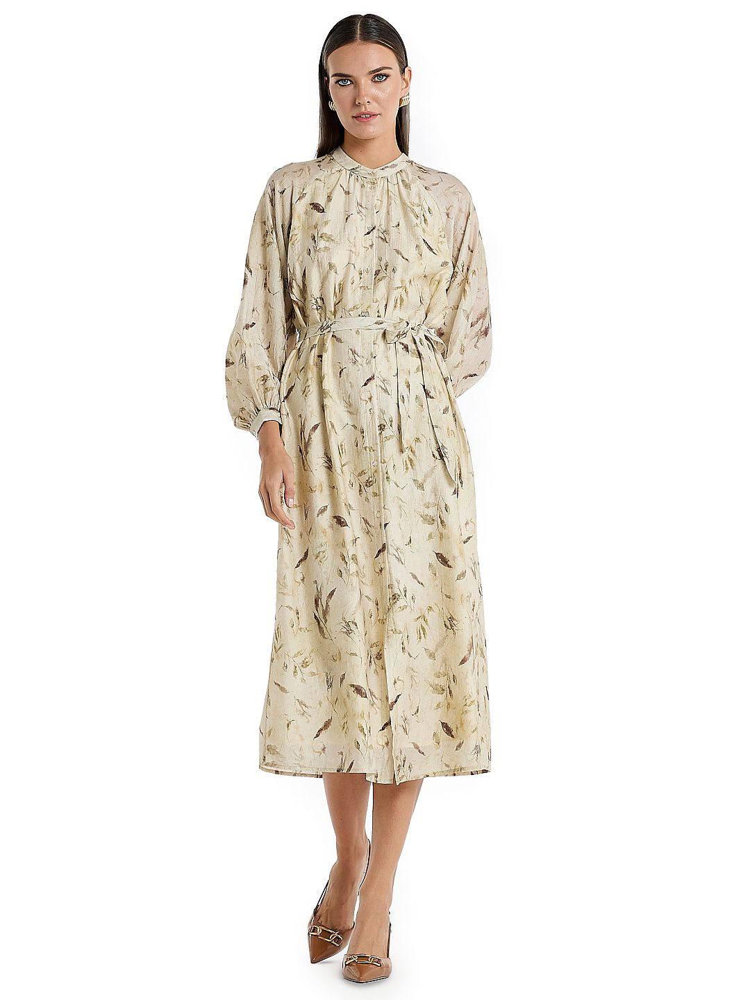 BCBG Floral Printed Puff Sleeve Blouson Midi Dress