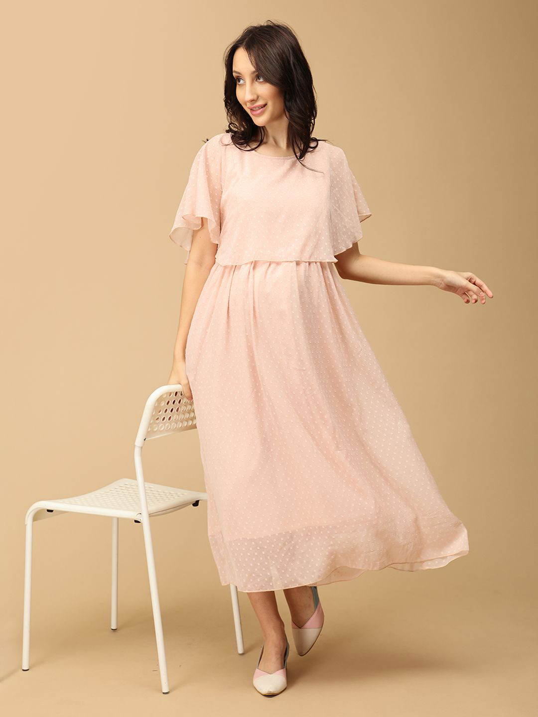 The Mom Store Polka Dot Self Design Flared Sleeve Georgette Maternity A-Line Midi Dress