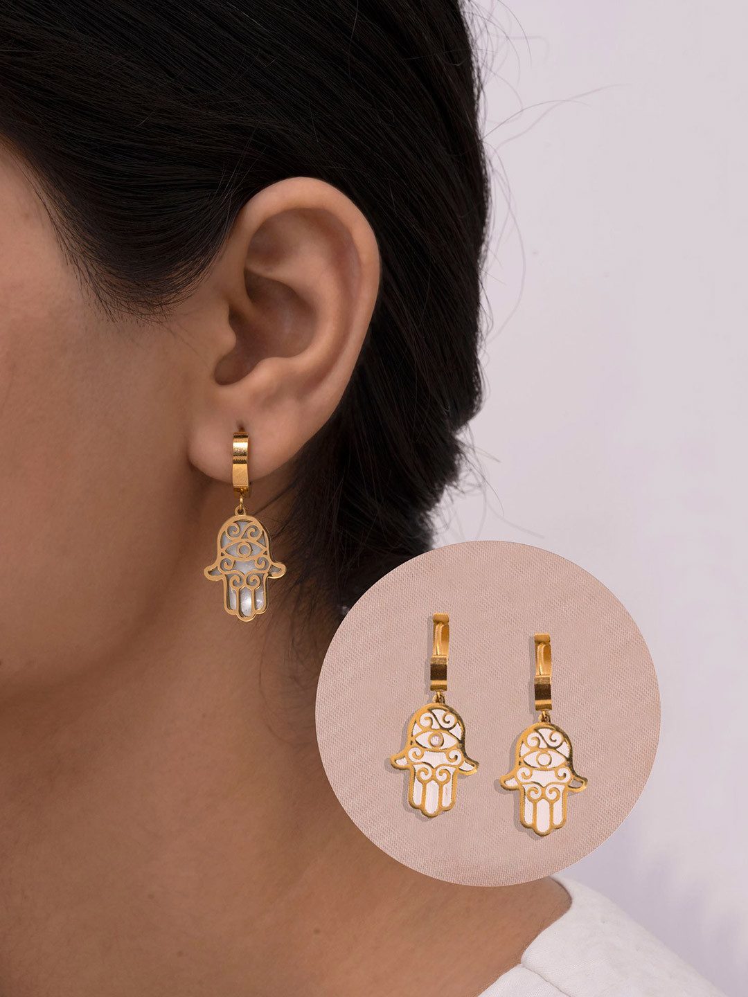 ARTKLIM Gold Plated Stainless Steel Contemporary Hamsa Hand Hoops Earrings