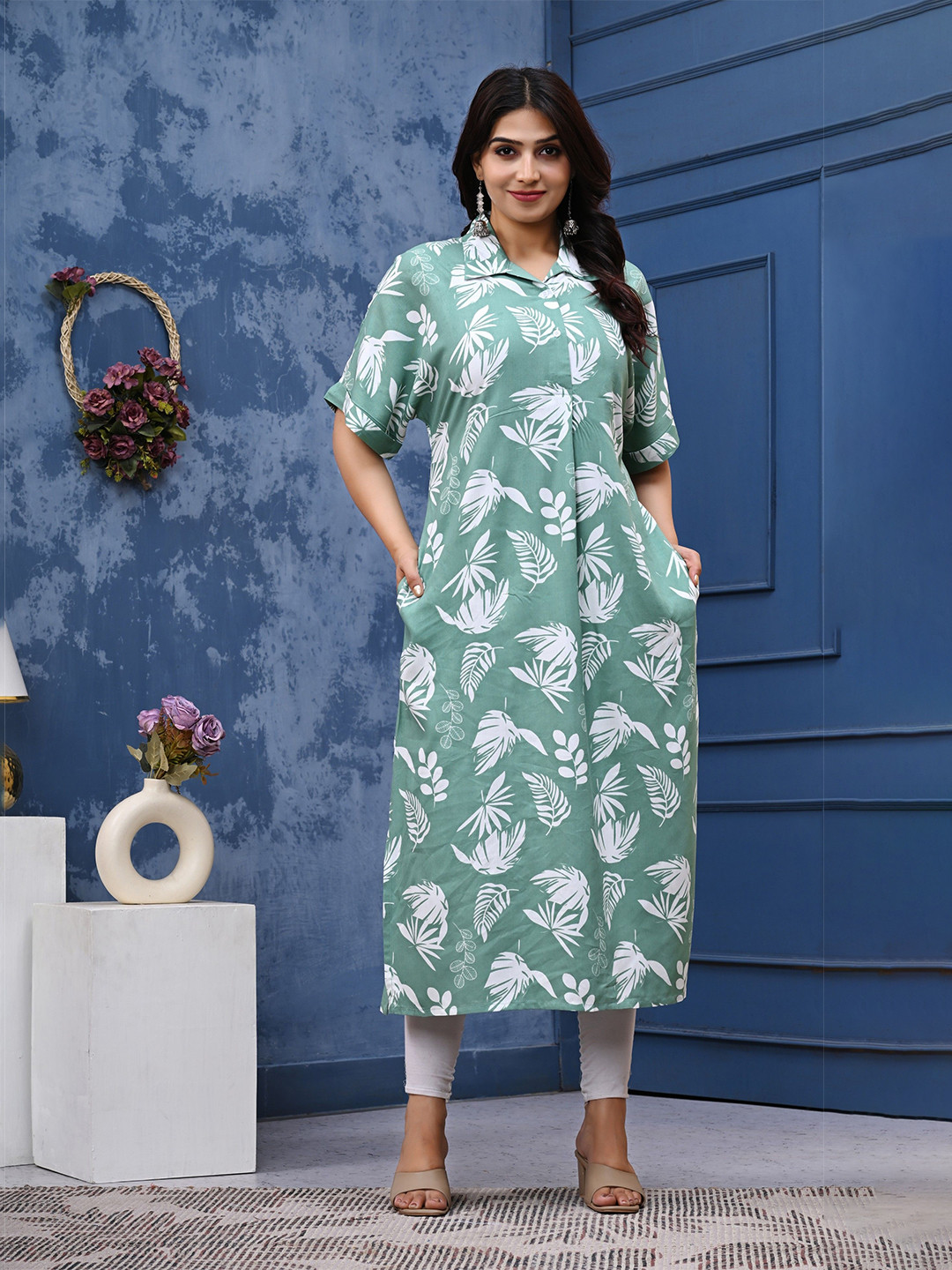 rf clothes Women Printed Shirt Collar Roll-Up Sleeves Kurta