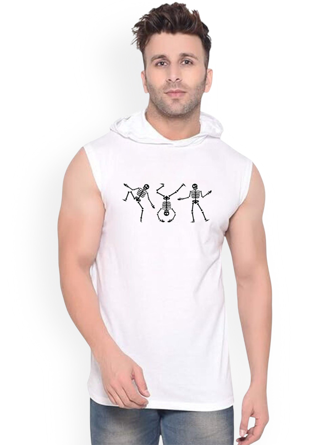 FABSTIEVE Three Skeleton Printed Hooded Cotton Gym Vest