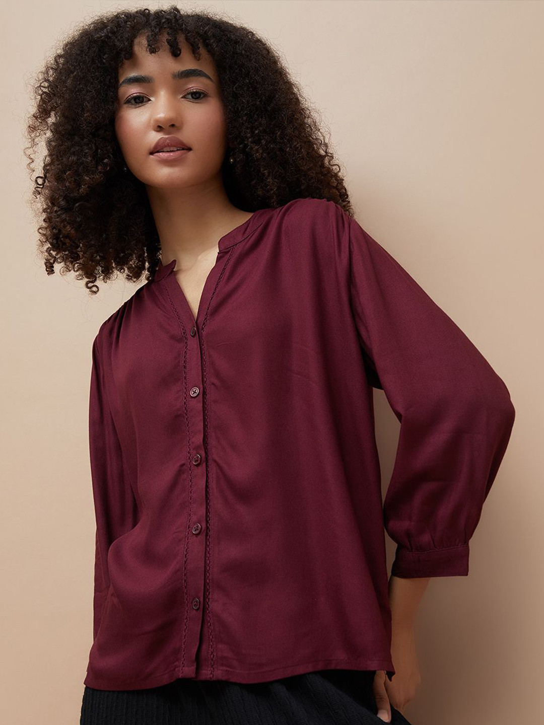 Fame Forever by Lifestyle Mandarin Collar Bishop Sleeves Shirt Style Top