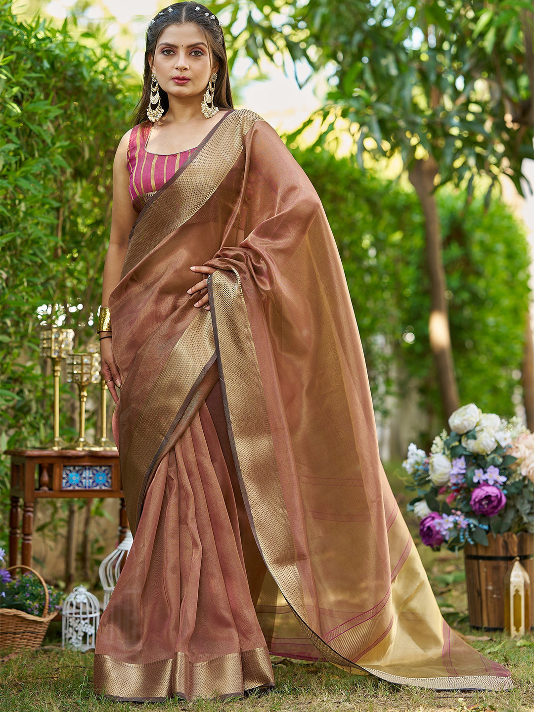 FASHION STROM Zari Border Tissue Saree With Unstiched Blouse