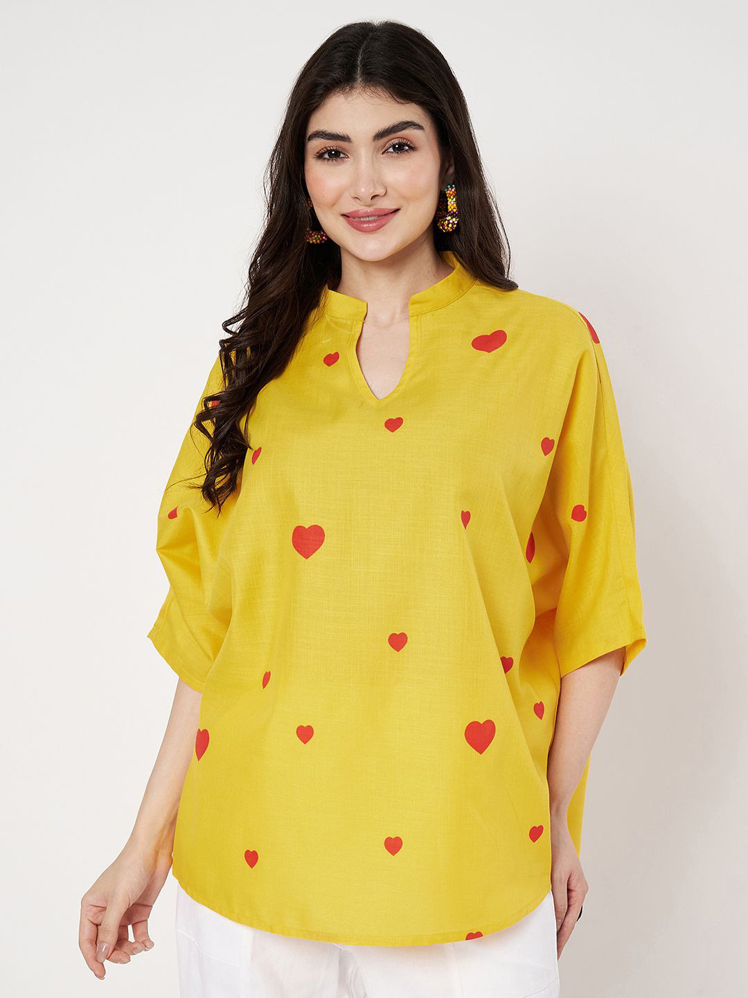 9rasa Women Conversational Print Mandarin Collar Kimono Sleeve Cotton Boxy Top