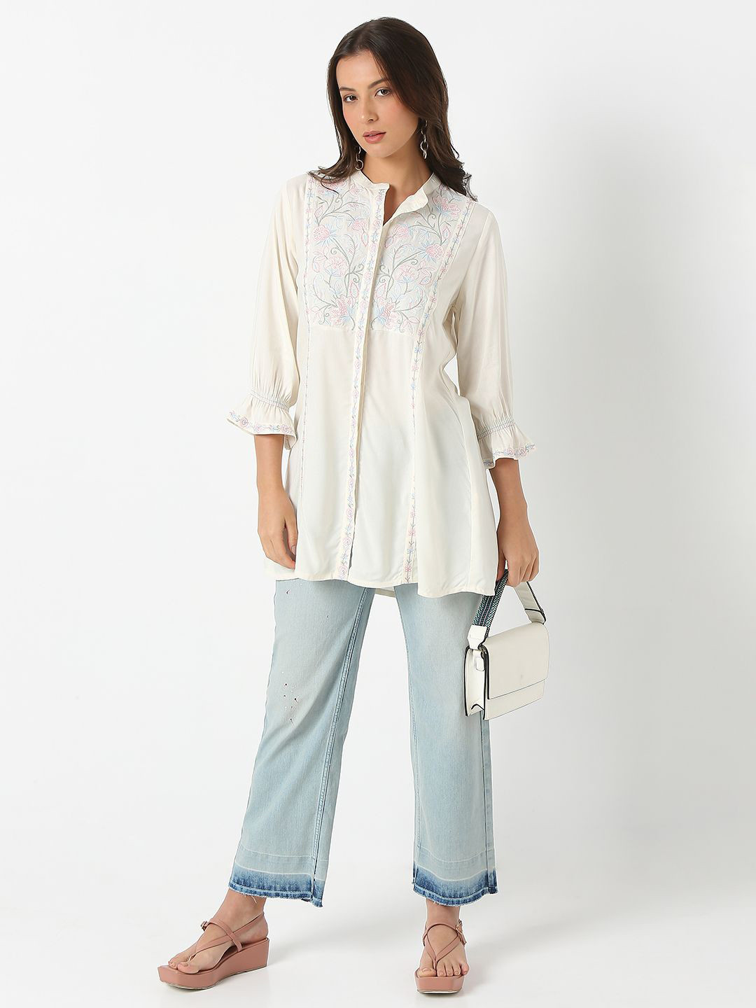 Ethnicity Floral Yoke Design Puffed Sleeves Thread Work A-Line Kurta