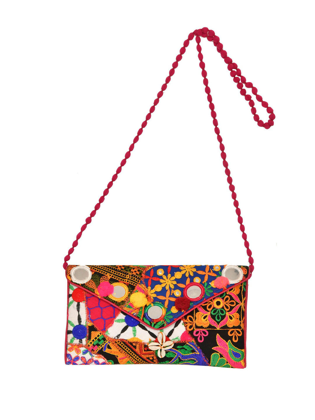 Exotic India Embroidered Pure Cotton Purse Clutch Bag with Front Flap and Large Mirrors