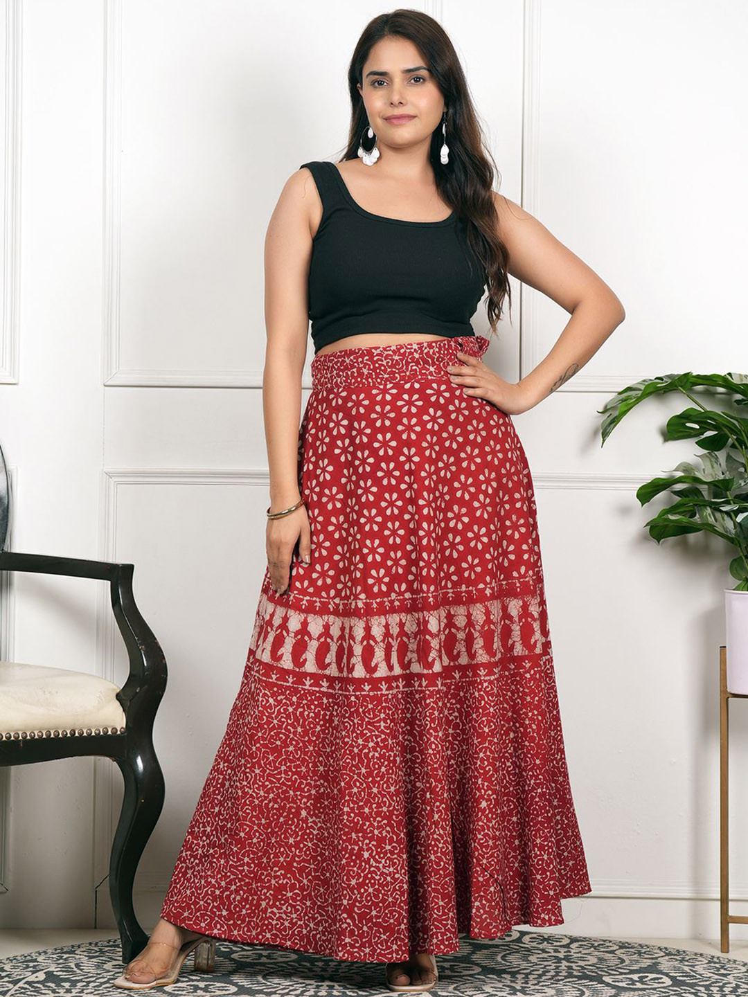 Style Shoes Floral Printed Cotton Wrap Maxi Skirt