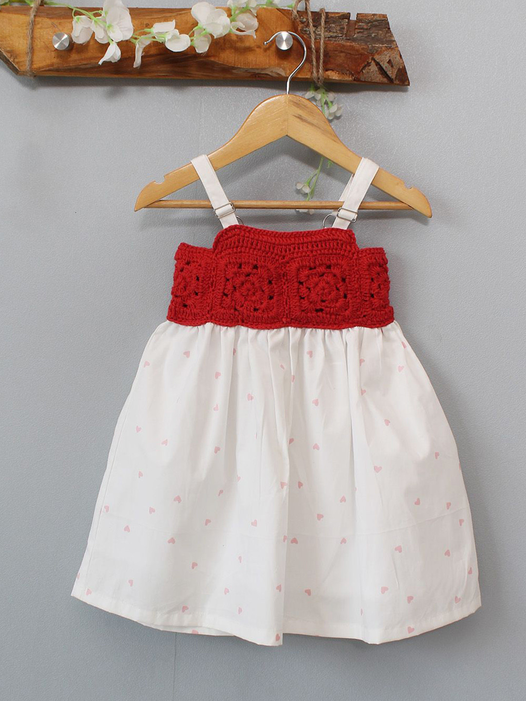 Woonie Girls Conversational Printed Gathered or Pleated Crochet Cotton Fit & Flare Dress