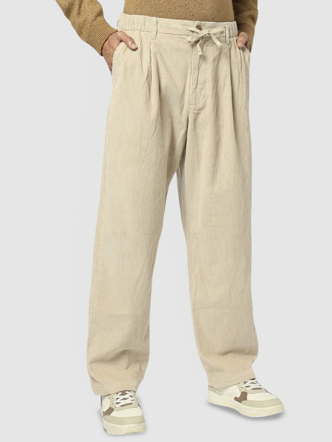 GAP Men Baggy Fit Mid-Rise Single Pleat Pure Cotton Courduroy Pants
