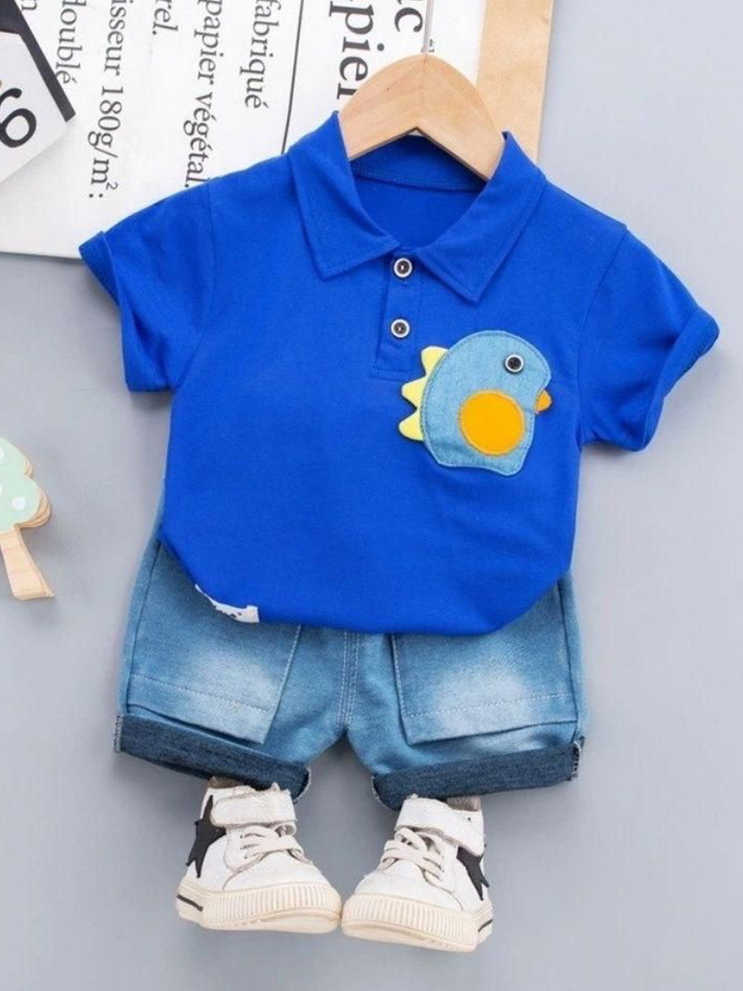 POP STREET KIDS Boys Self Design Polo Collar T-shirt With Shorts