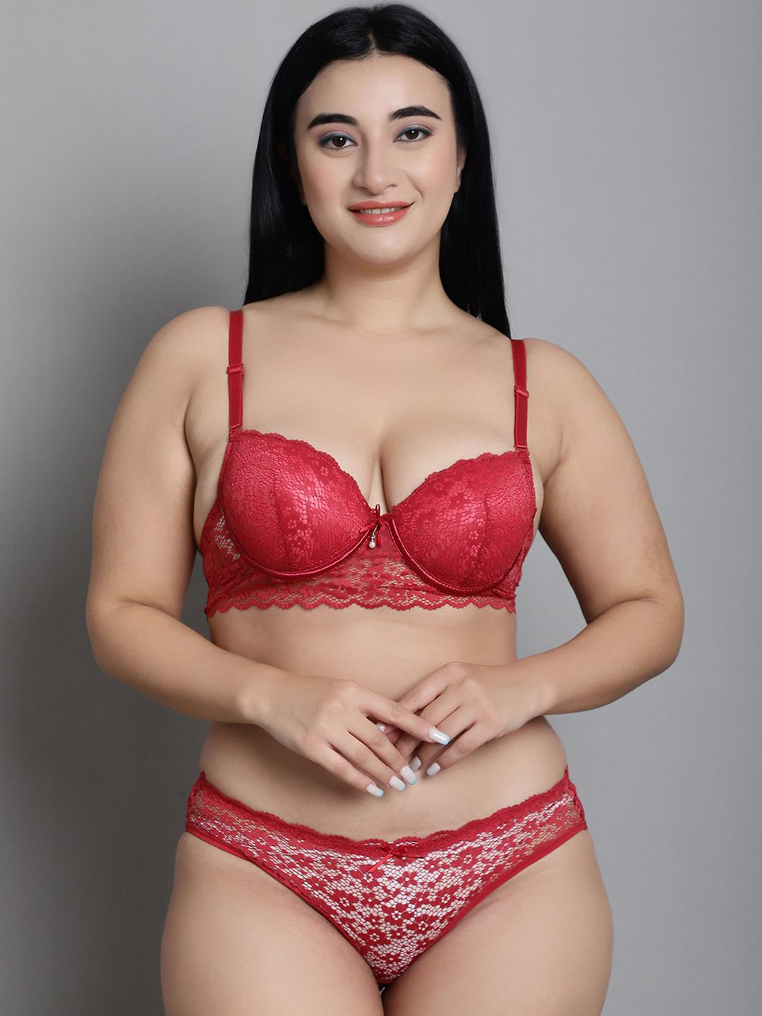 MAKCLAN Self-Designed Lace Under-Wired Lightly-Padded Lingerie Set