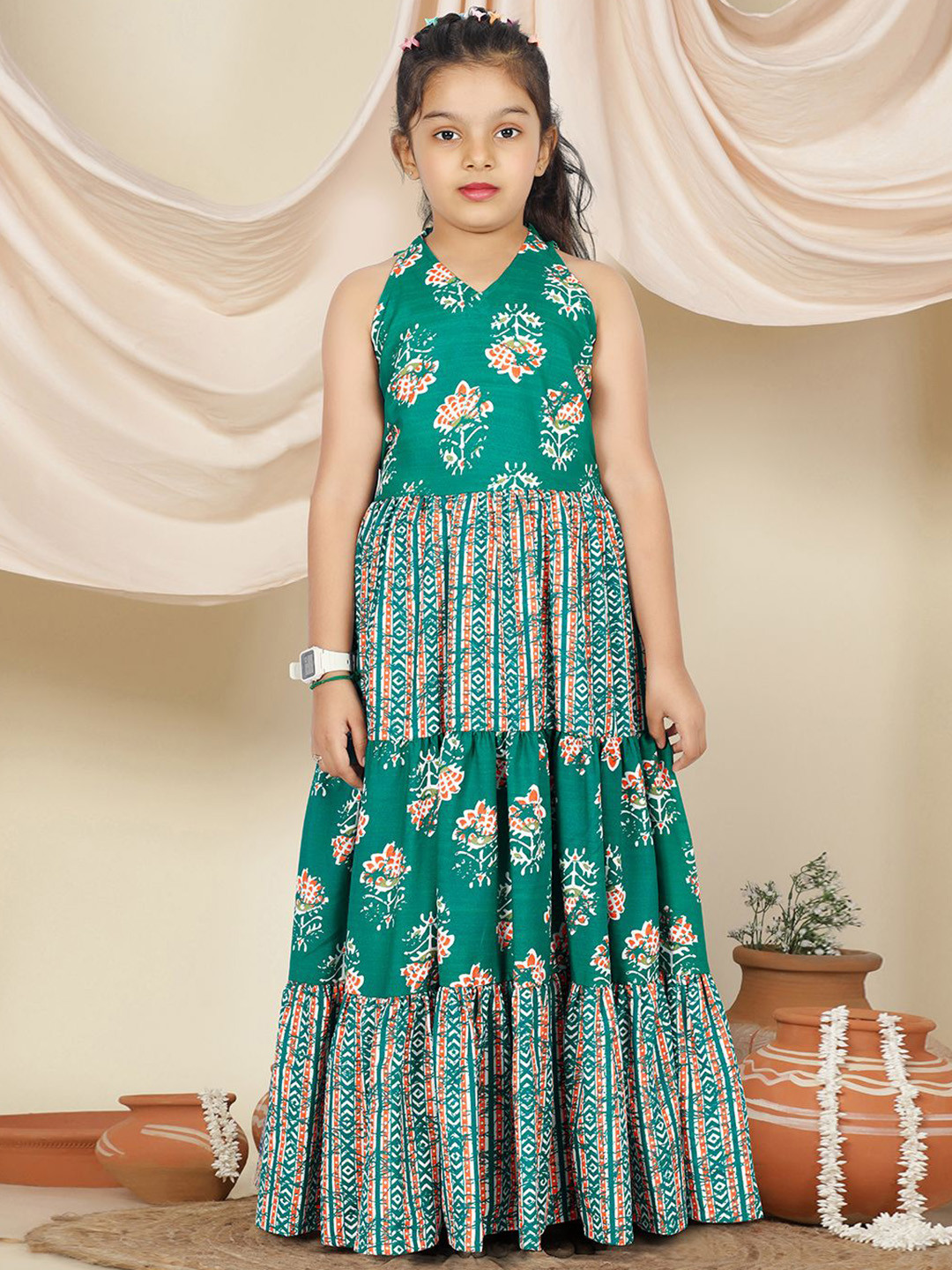 FASHION DREAM Girls Floral Printed Gathered or Pleated Flared Maxi Dress