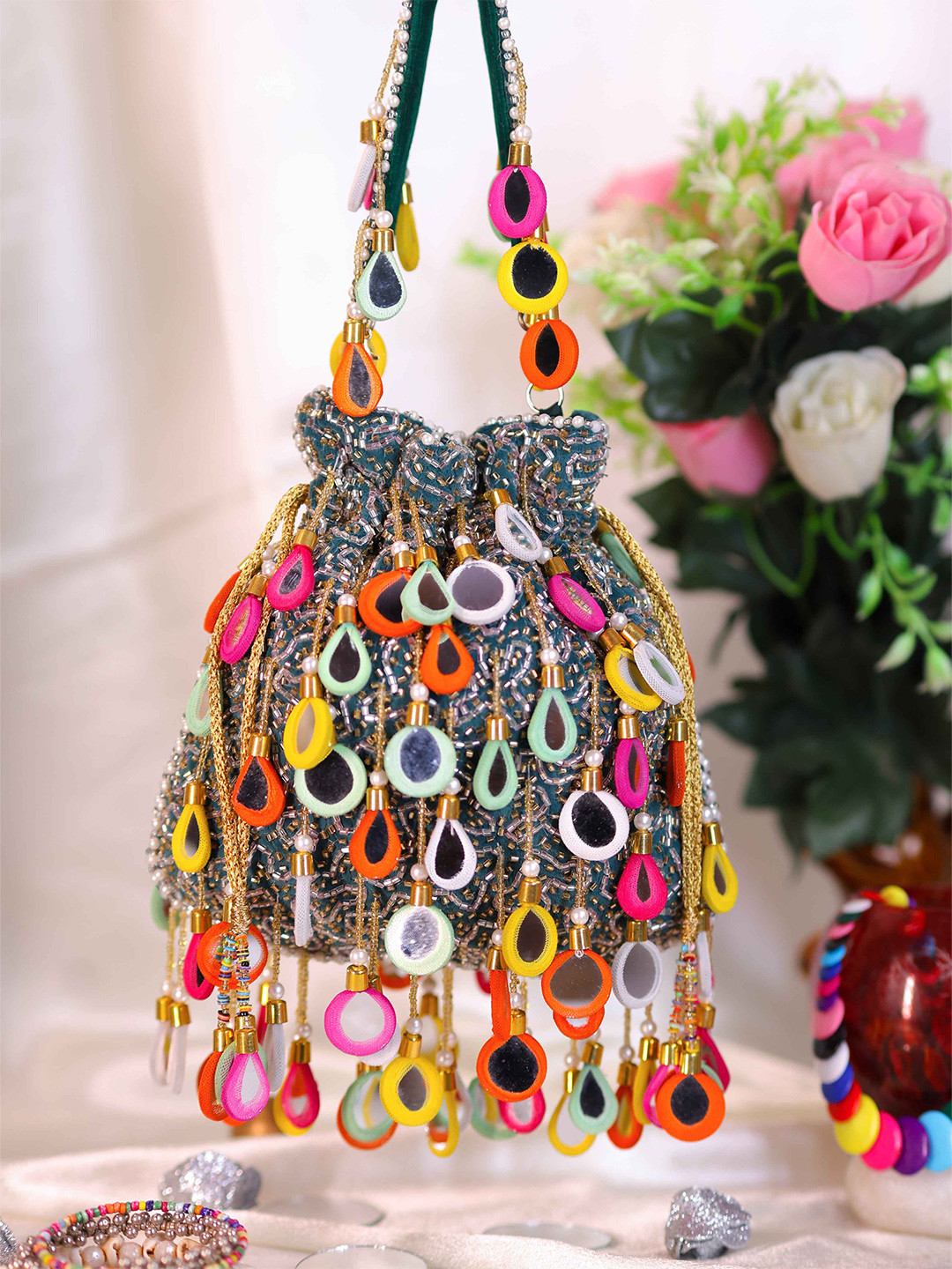 Swisni Embellished Mirror Work Shopper Handheld Bag