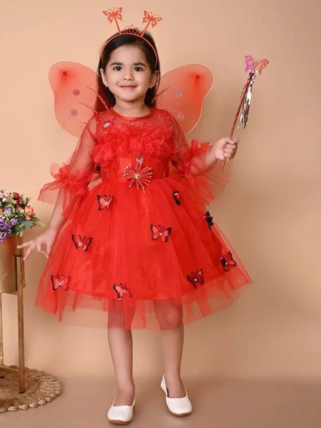 VILLATA FASHION Girls Embellished Butterfly Applique Bell Sleeve Tulle Fit & Flare Dress