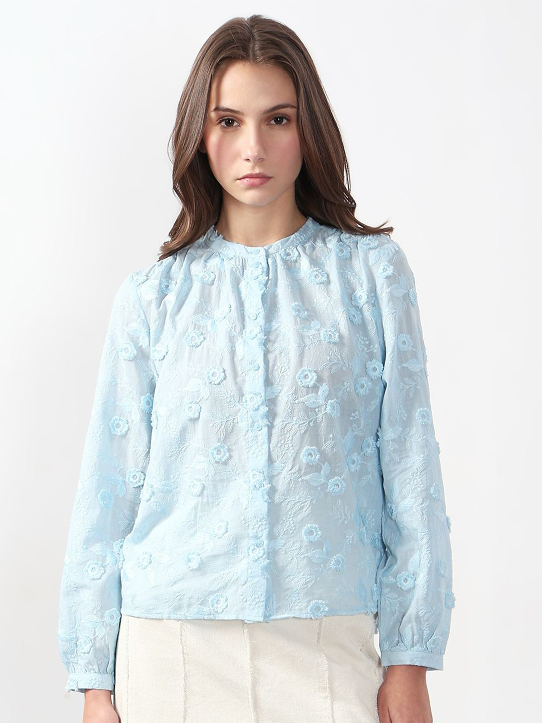 Vero Moda VM Poona Floral Self Design Band Collar Pure Cotton Shirt