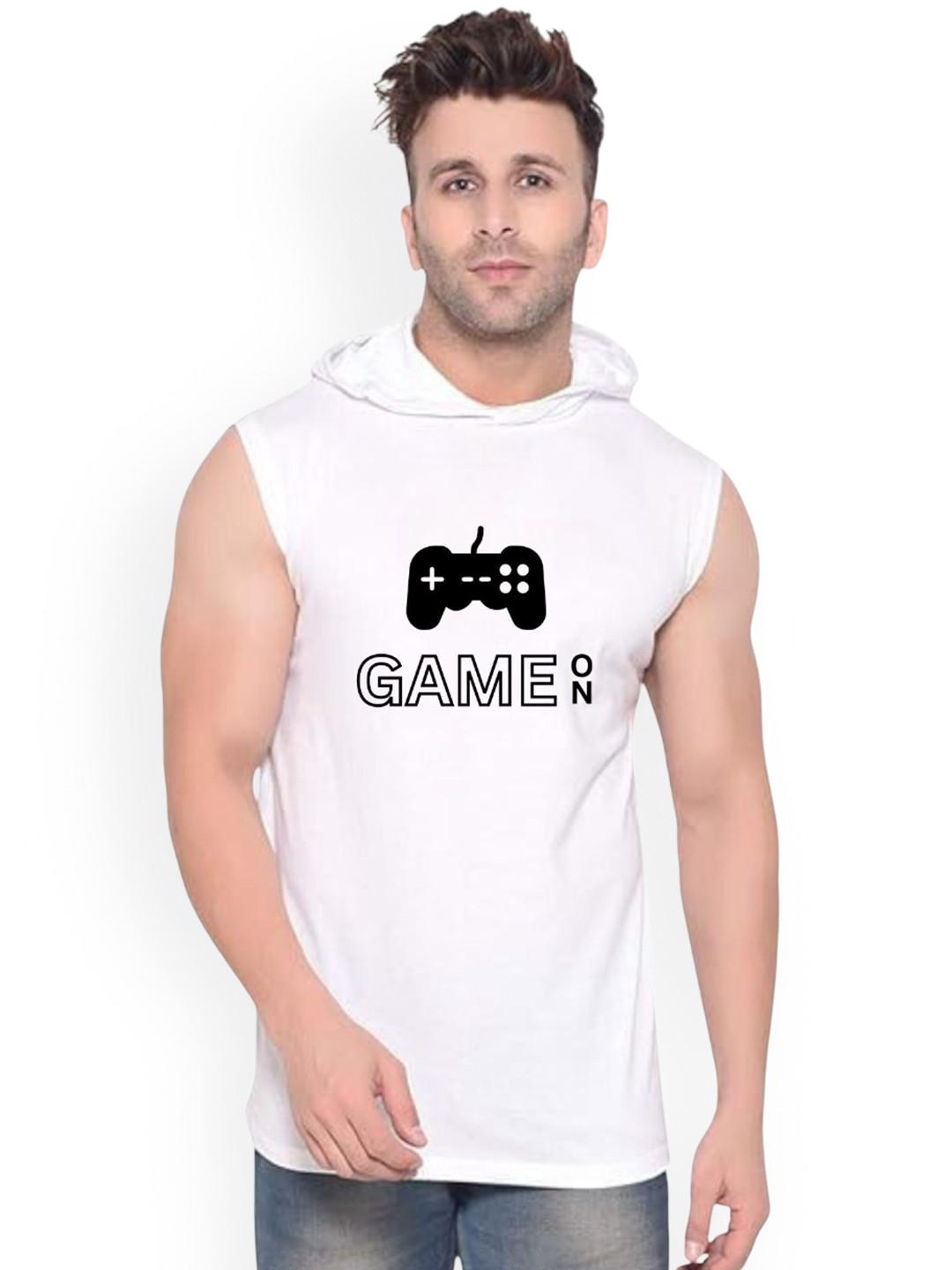 FABSTIEVE Game On Printed Cotton Hooded Neck Basic Gym-Vest