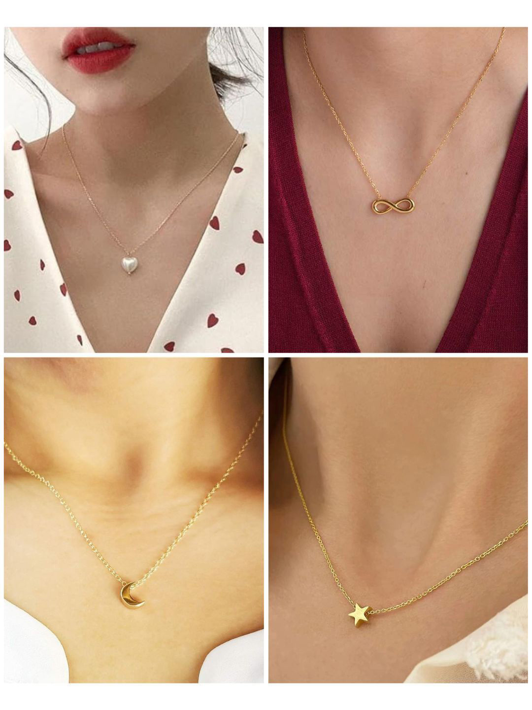 DressBerry Set Of 4 Stainless Steel Gold-Plated Heart Star Infinity Moon Charm Necklace