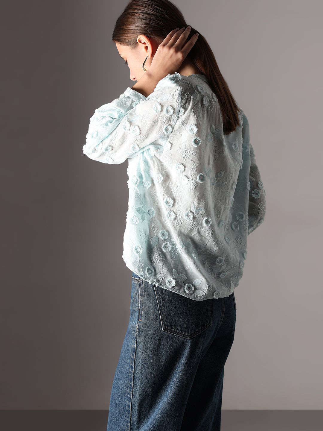 Vero Moda VM Poona Floral Self Design Band Collar Pure Cotton Shirt