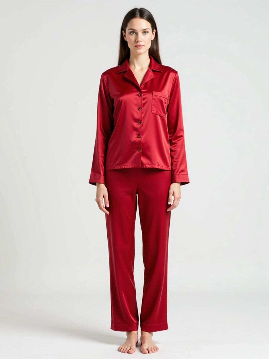 DEHMAN Lapel Collar Pure Silk Shirt With Pyjama