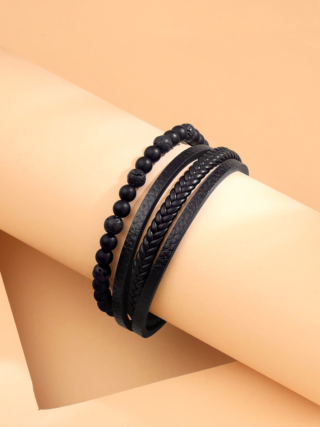 Yellow Chimes Men Black Leather Multistrand Bracelet