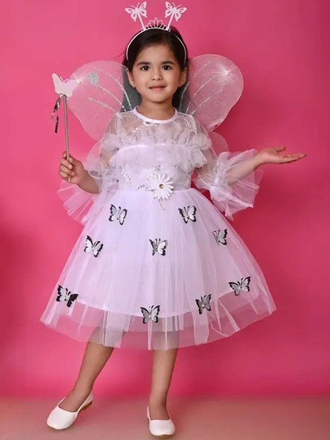 VILLATA FASHION Girls Embellished Bell Sleeves Net Fit & Flare Dress