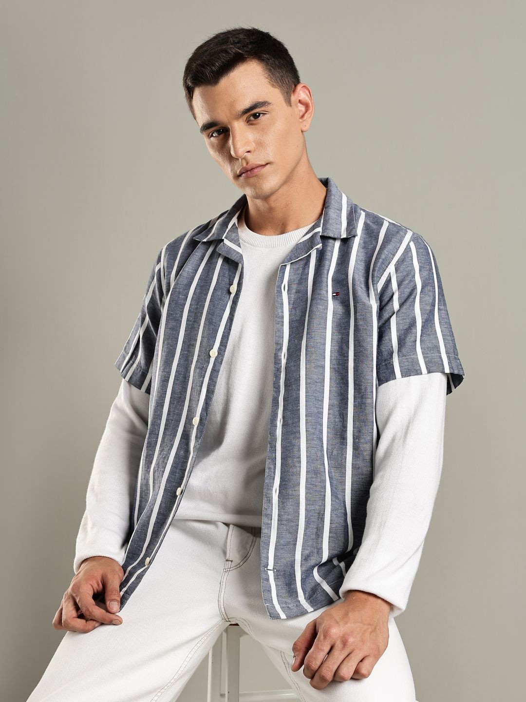 Tommy Hilfiger Europe Vertical Striped Cuban Collar Organic Cotton Linen Shirt