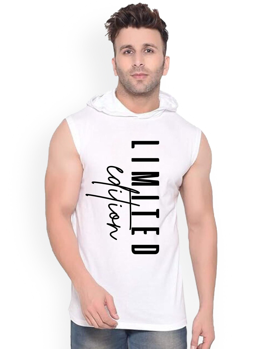 FABSTIEVE Limited Edition Printed Hooded Sleeveless Cotton Gym Vest