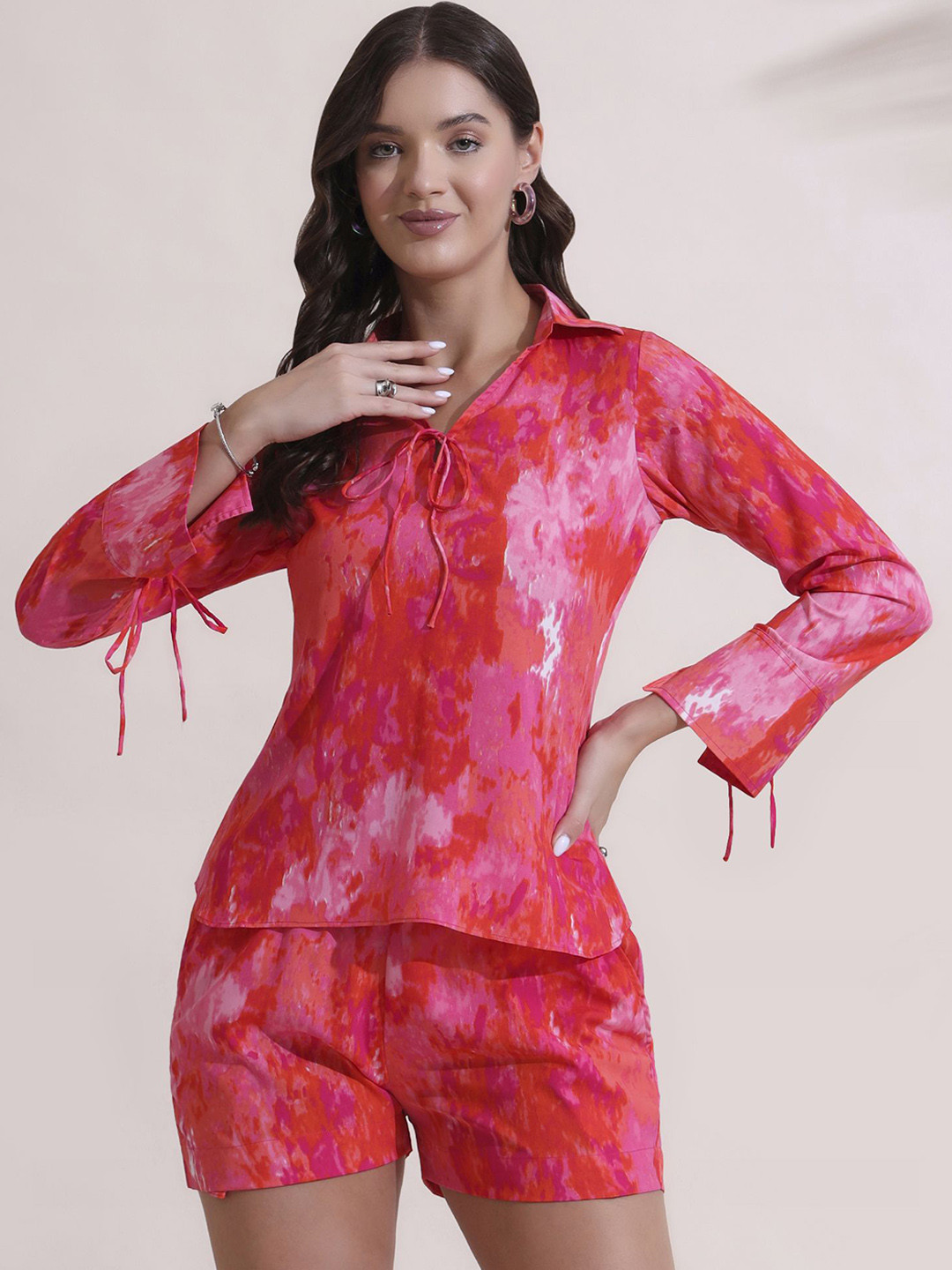 Salvia Sky Marble Printed Shirt Collar Top With Shorts